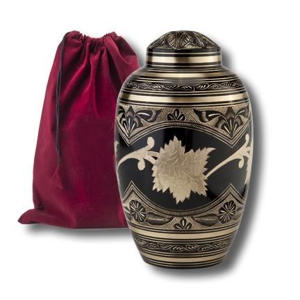 cremtion urn black and gold brass hand engraved